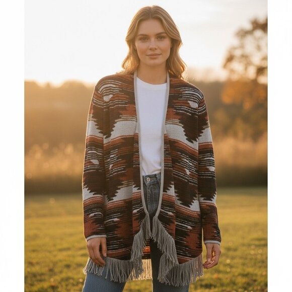 Lucky Brand Southwest Fringe Cardigan Size Large Navy Copper Burgundy Gray - Picture 2 of 8